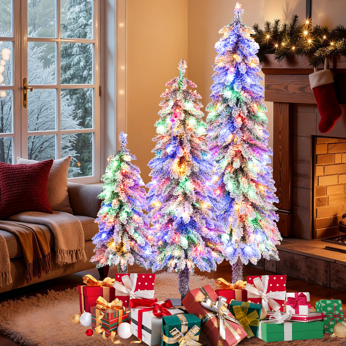 Set of 3 Artificial Christmas Trees with Snow-Flocked Branch Tips - Multi-Size Holiday Decor