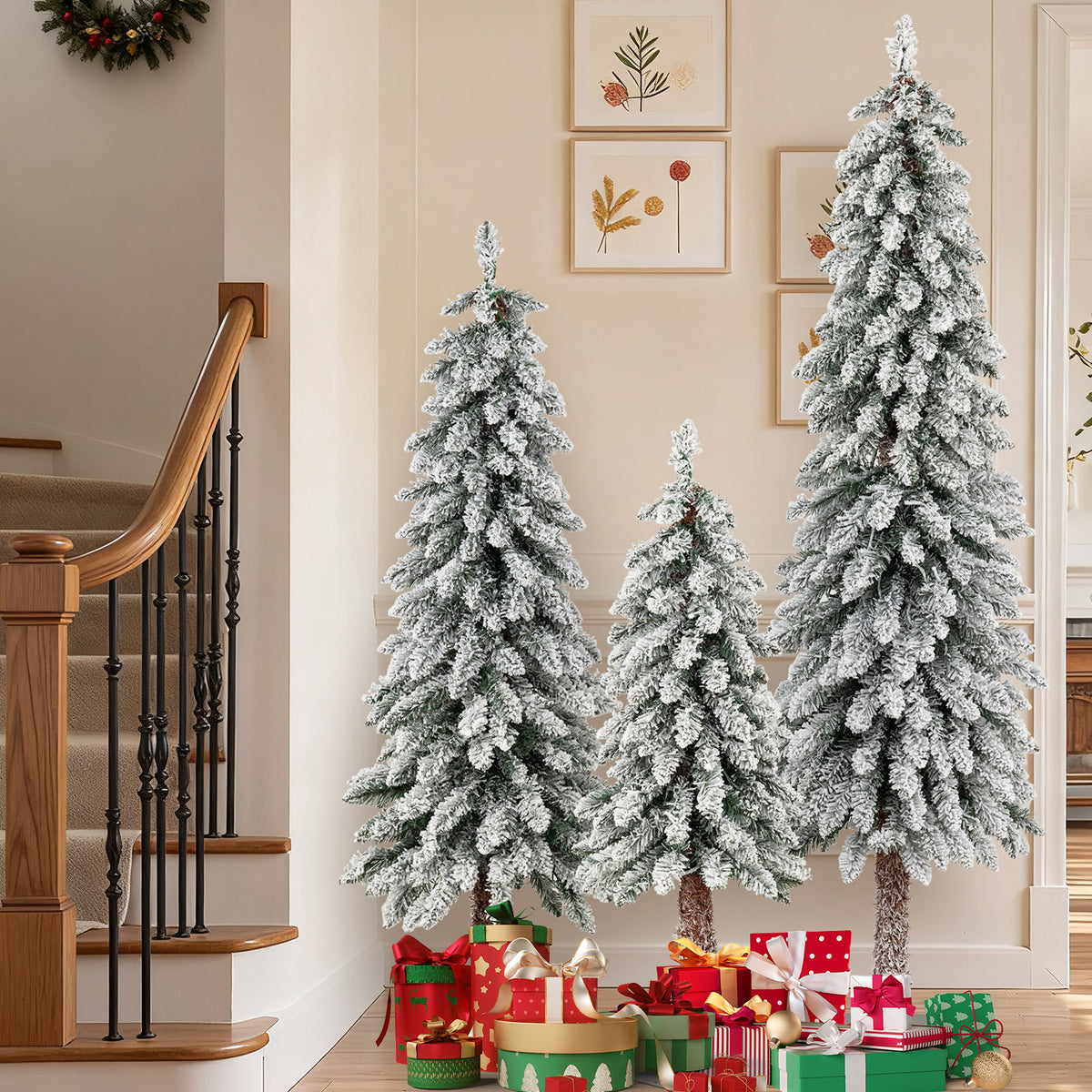 Set of 3 Artificial Christmas Trees with Snow-Flocked Branch Tips - Multi-Size Holiday Decor