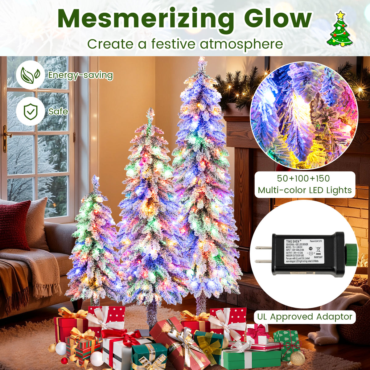 Set of 3 Artificial Christmas Trees with Snow-Flocked Branch Tips - Multi-Size Holiday Decor