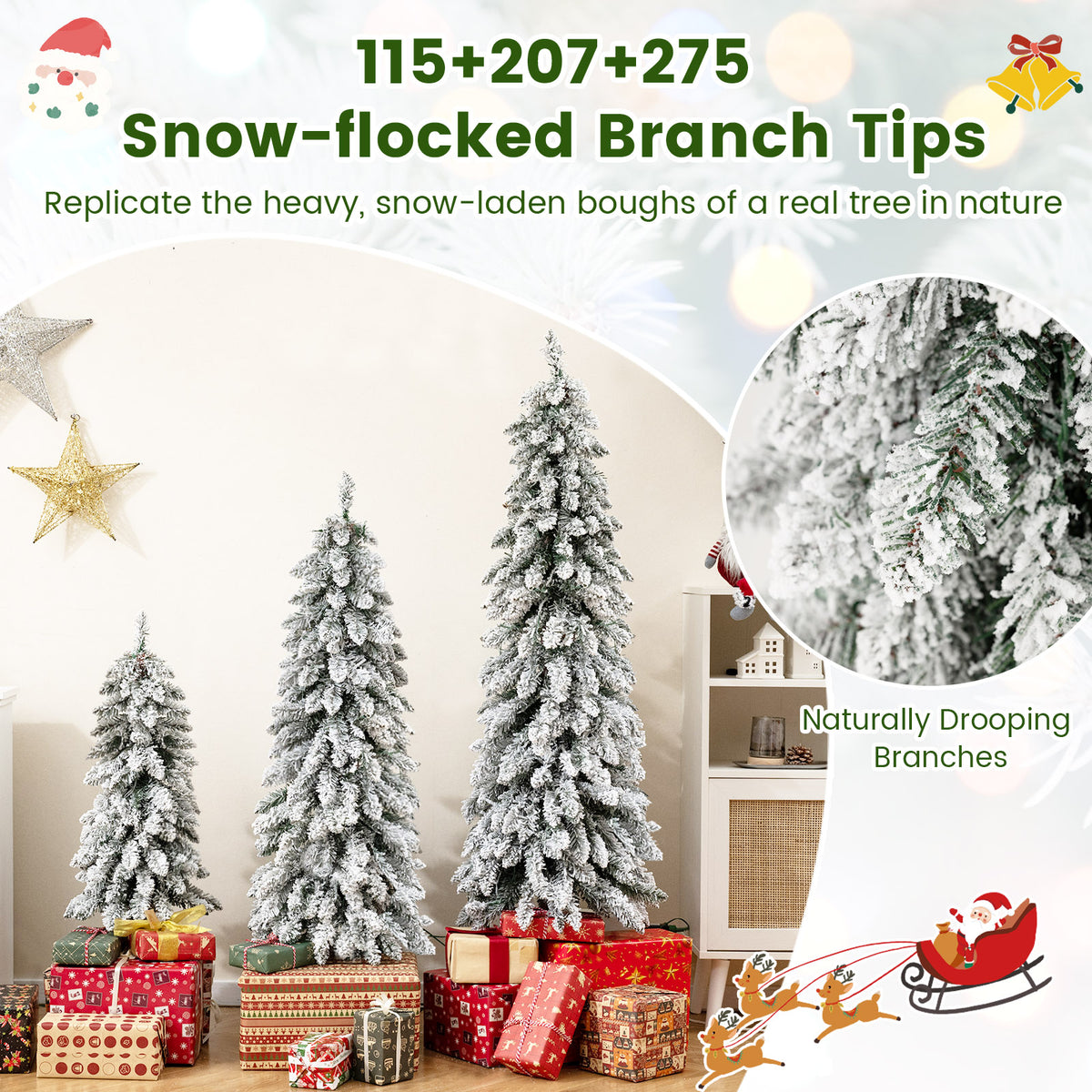 Set of 3 Artificial Christmas Trees with Snow-Flocked Branch Tips - Multi-Size Holiday Decor