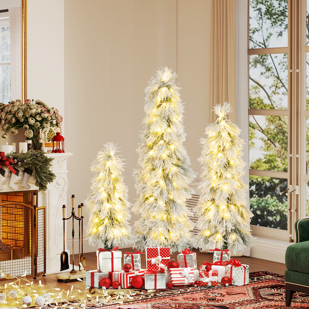 Artificial Christmas Tree Set of 3 with Snow-Flocked Tips & LED Lights