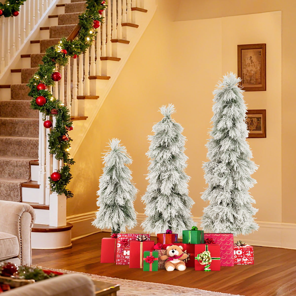 Artificial Christmas Tree Set of 3 with Snow-Flocked Tips & LED Lights