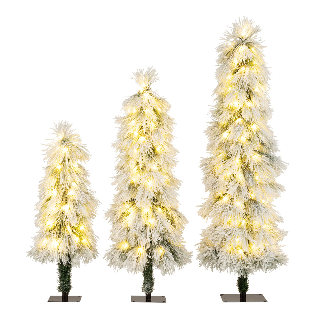 Artificial Christmas Tree Set of 3 with Snow-Flocked Tips & LED Lights