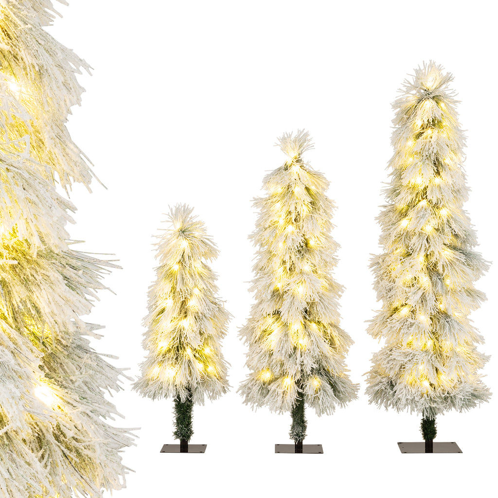 Artificial Christmas Tree Set of 3 with Snow-Flocked Tips & LED Lights