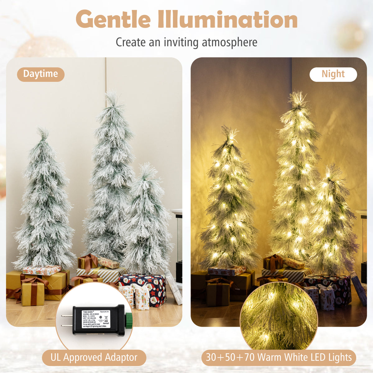 Artificial Christmas Tree Set of 3 with Snow-Flocked Tips & LED Lights