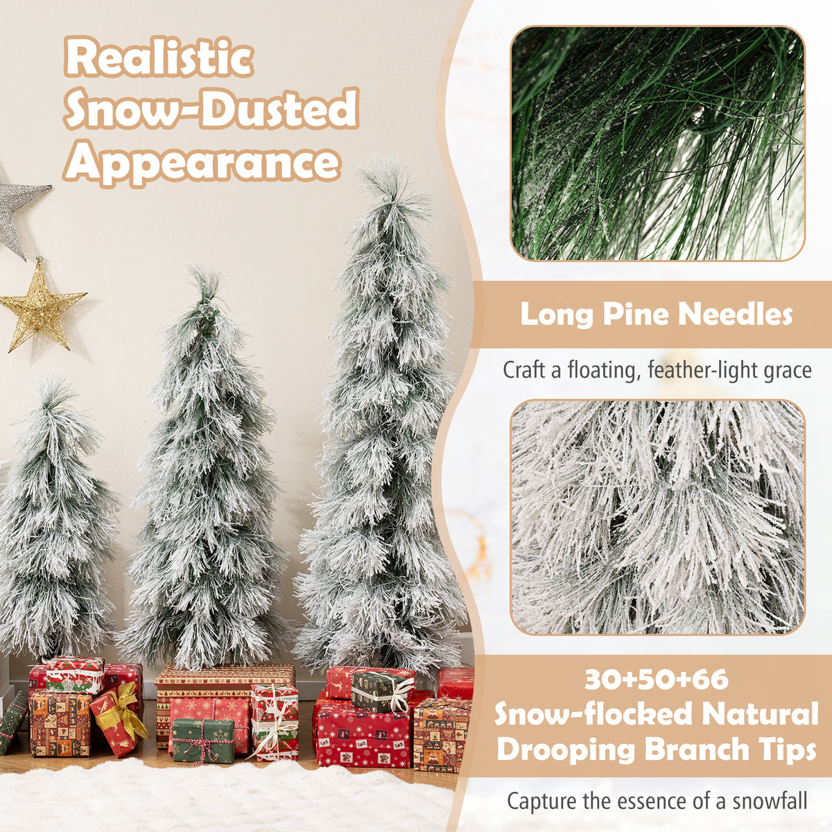 Artificial Christmas Tree Set of 3 with Snow-Flocked Tips & LED Lights