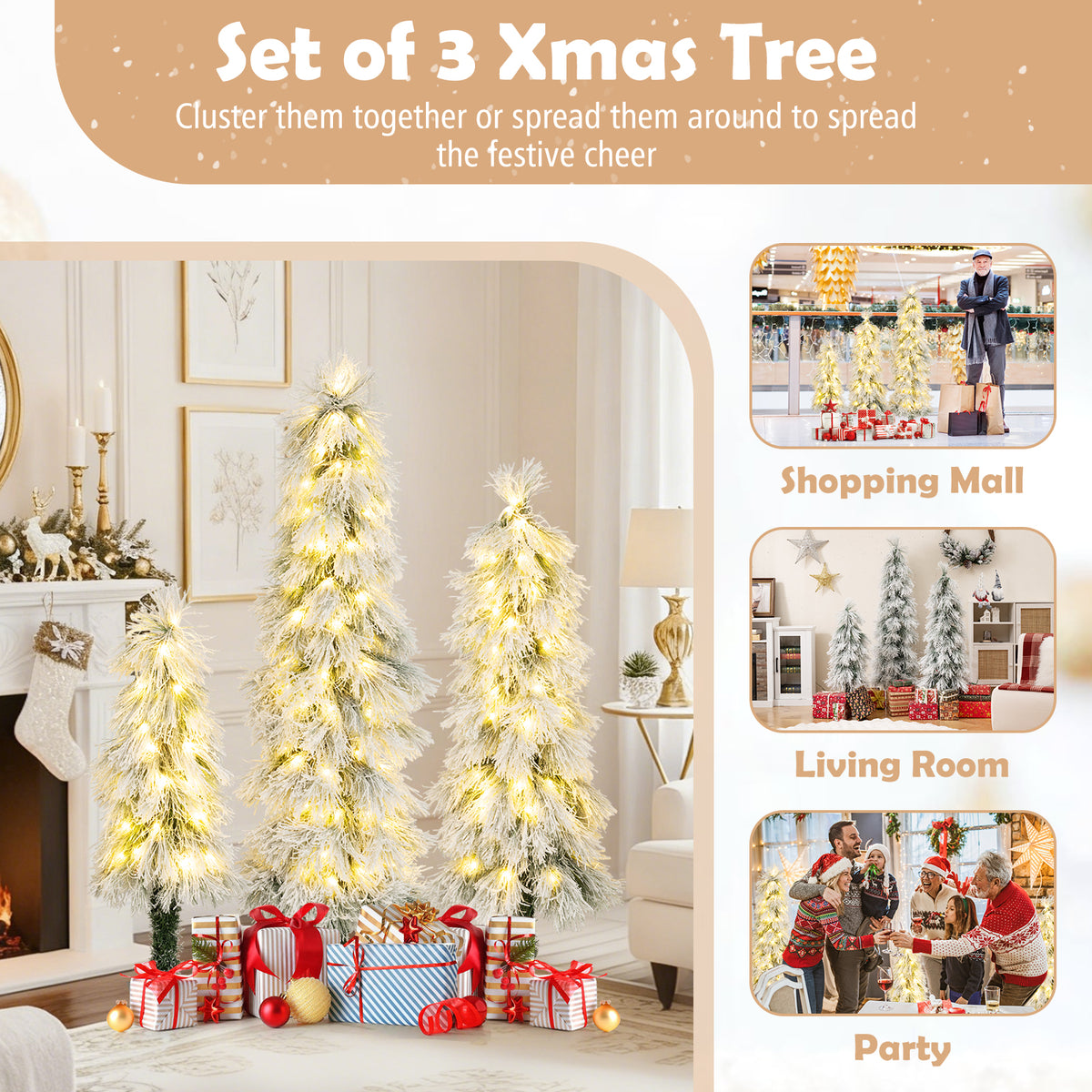 Artificial Christmas Tree Set of 3 with Snow-Flocked Tips & LED Lights