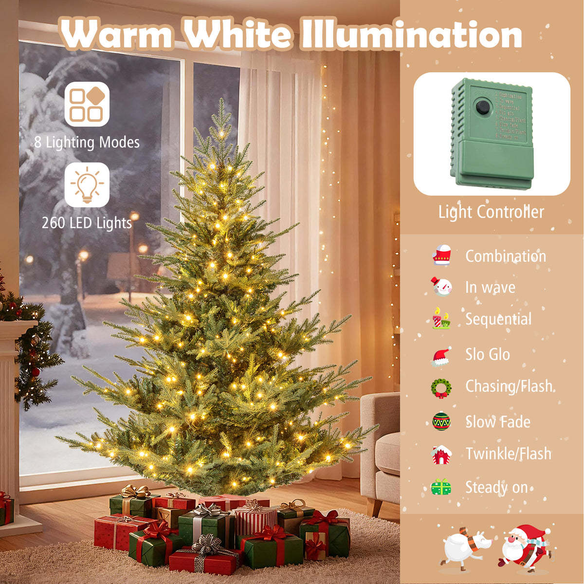 6/7 Feet Artificial Christmas Tree with Branch Tips & Warm White LED Lights