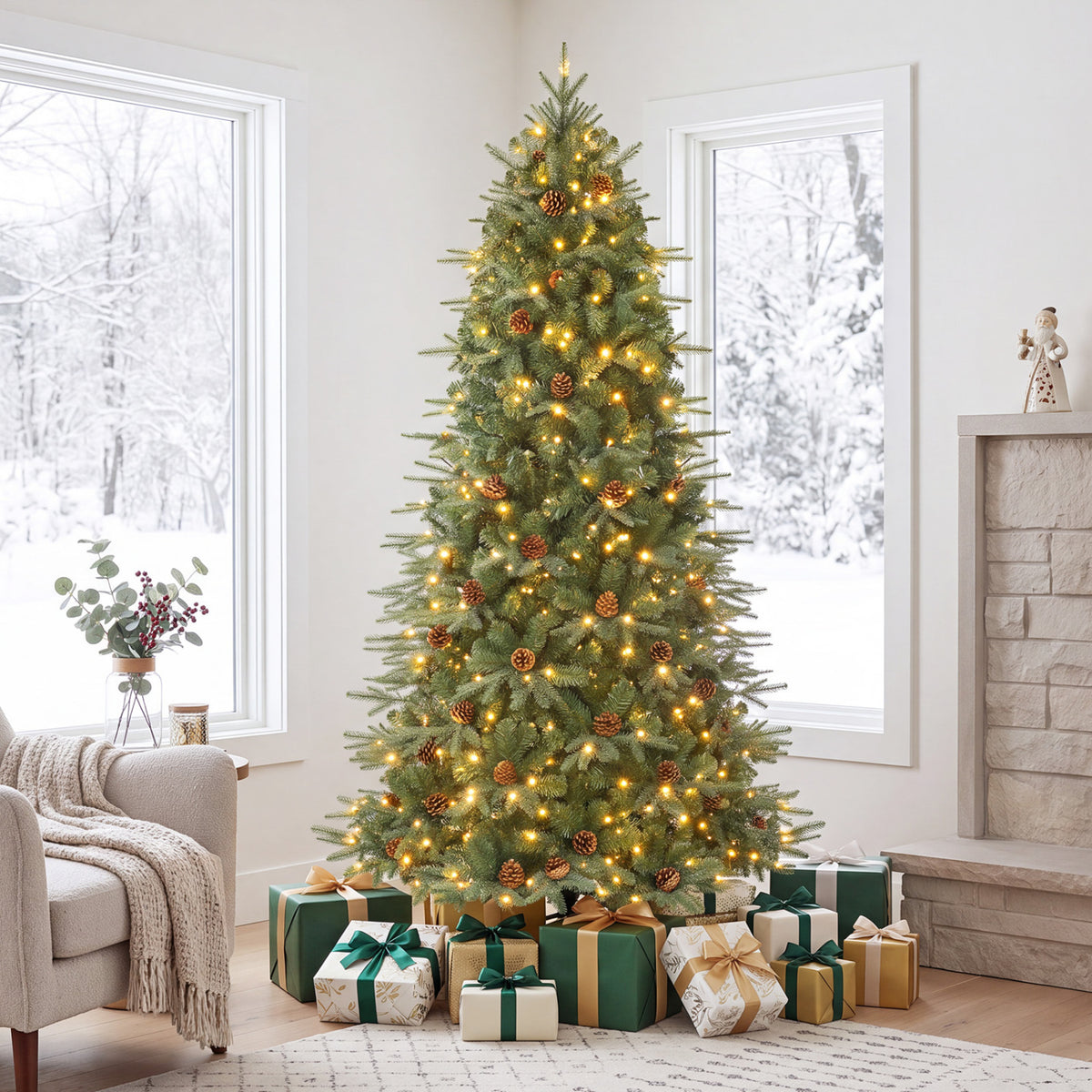 Green 7 Foot Artificial Christmas Tree with LED Lights and Pine Cones