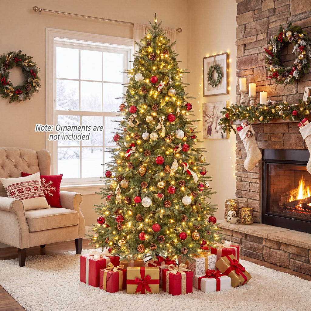 Green 7 Foot Artificial Christmas Tree with LED Lights and Pine Cones