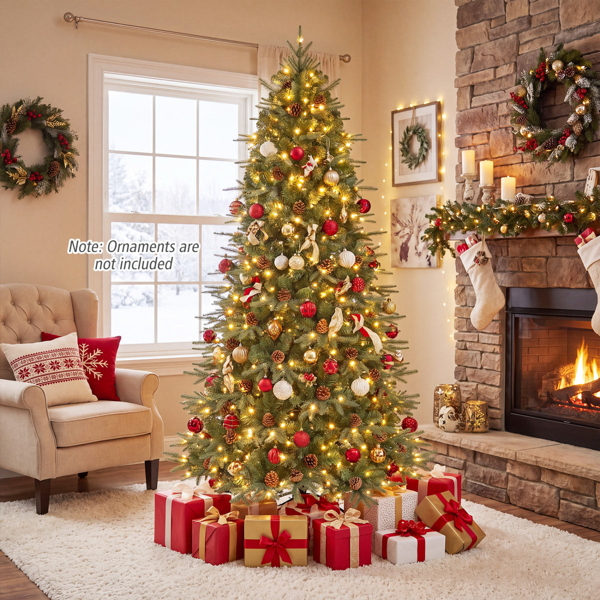 Green 7 Foot Artificial Christmas Tree with LED Lights and Pine Cones