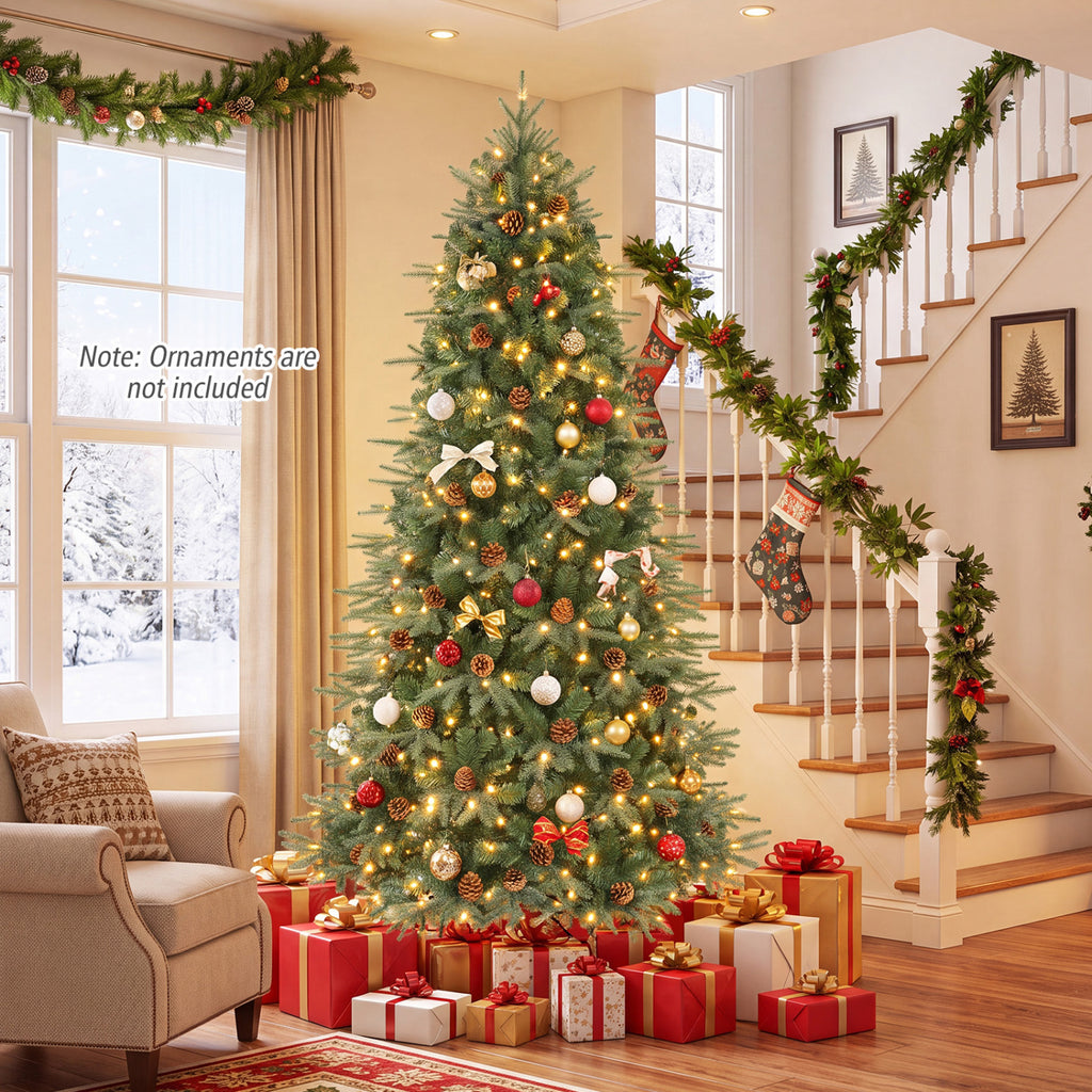 Green 7 Foot Artificial Christmas Tree with LED Lights and Pine Cones
