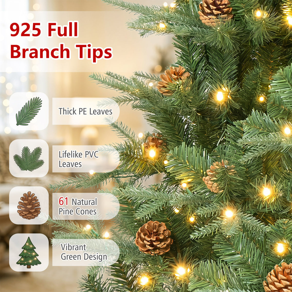 Green 7 Foot Artificial Christmas Tree with LED Lights and Pine Cones