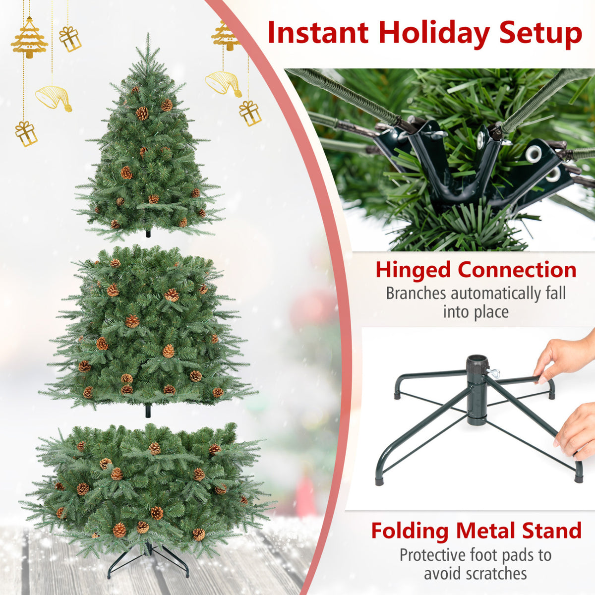 Green 7 Foot Artificial Christmas Tree with LED Lights and Pine Cones