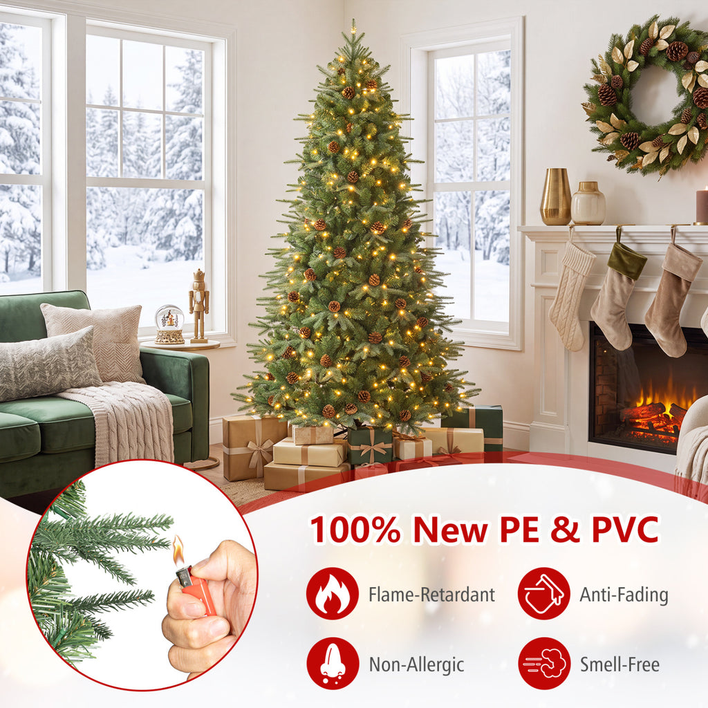 Green 7 Foot Artificial Christmas Tree with LED Lights and Pine Cones
