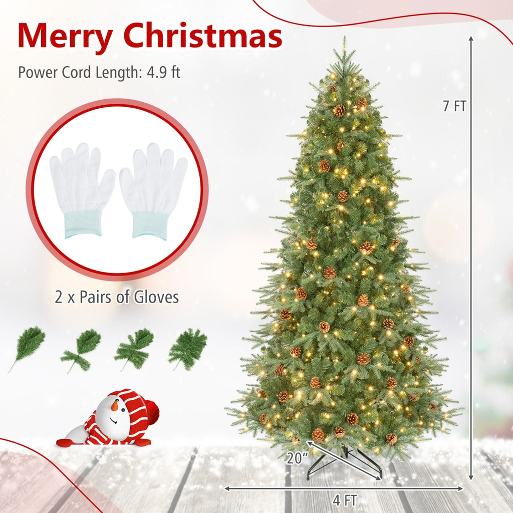 Green 7 Foot Artificial Christmas Tree with LED Lights and Pine Cones