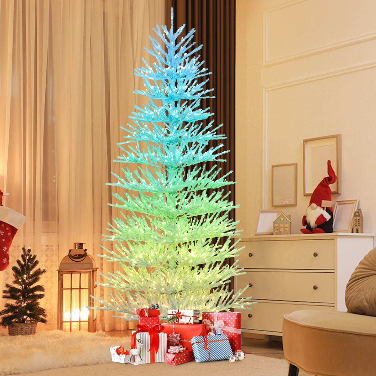 7 FT Artificial Pre-lit Christmas Tree with 820 Coral Branch Tips & 17 Lighting Effects