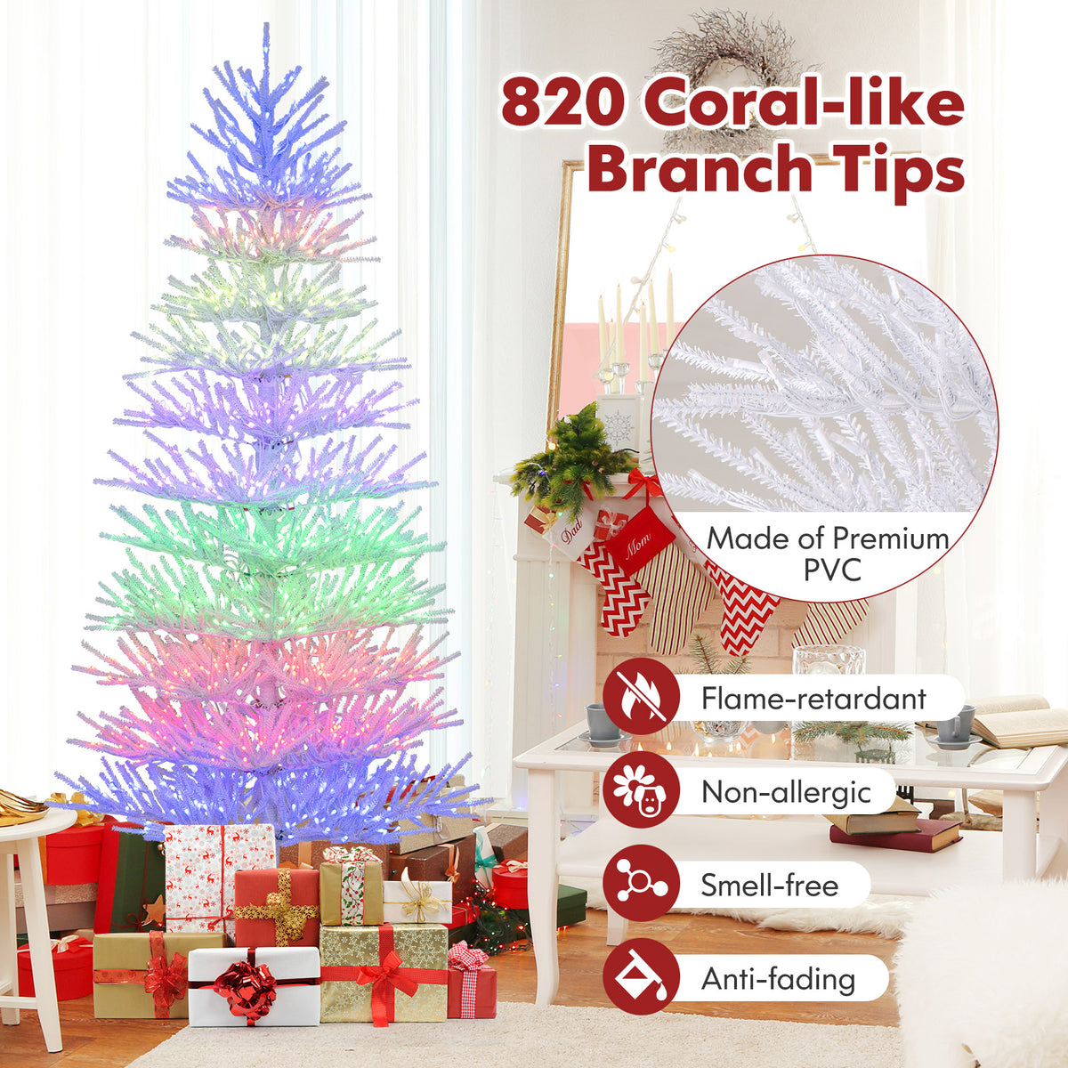 7 FT Artificial Pre-lit Christmas Tree with 820 Coral Branch Tips & 17 Lighting Effects