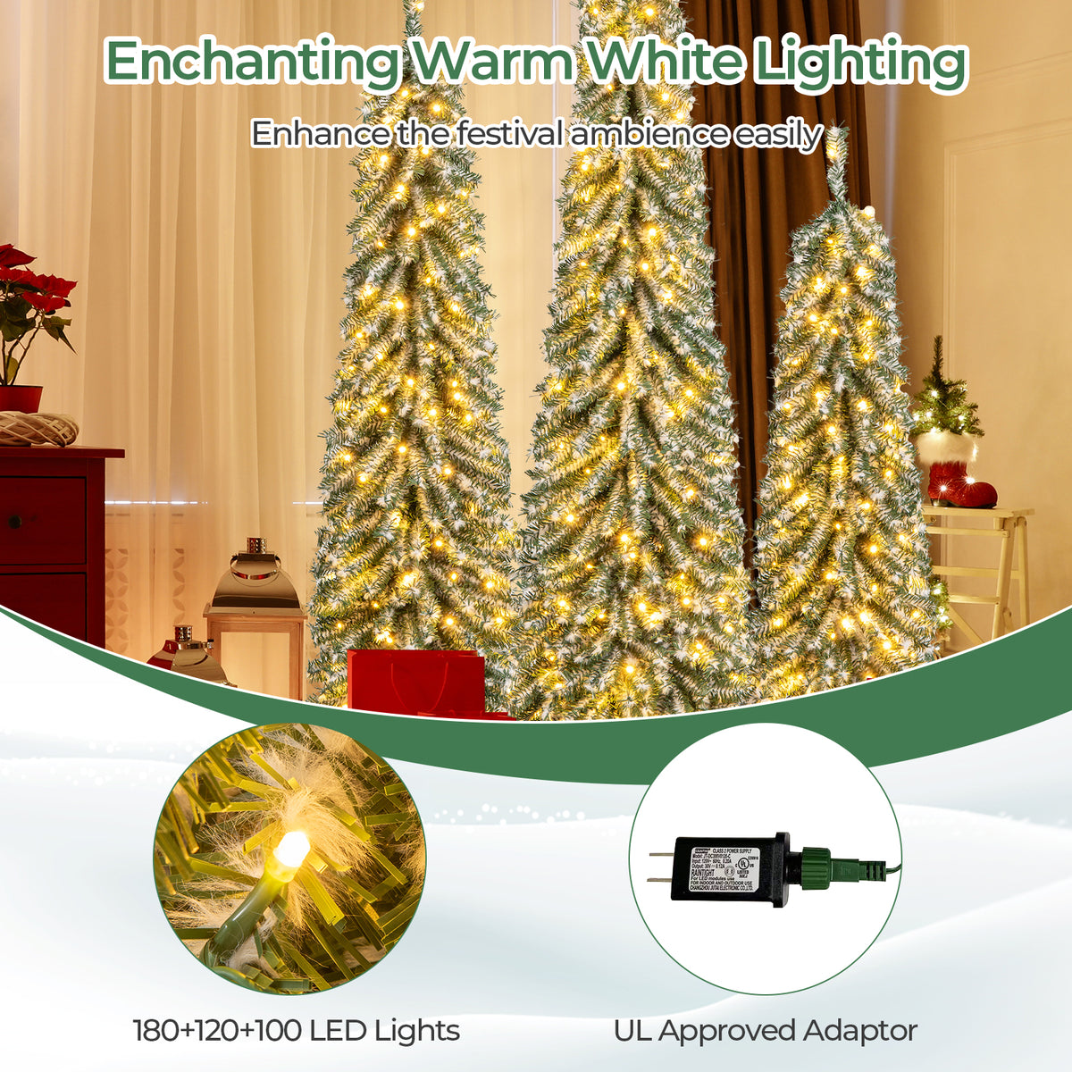 Prelit 4/5/6 Feet Artificial Christmas Tree Set of 3 with Snow & Cotton Variation