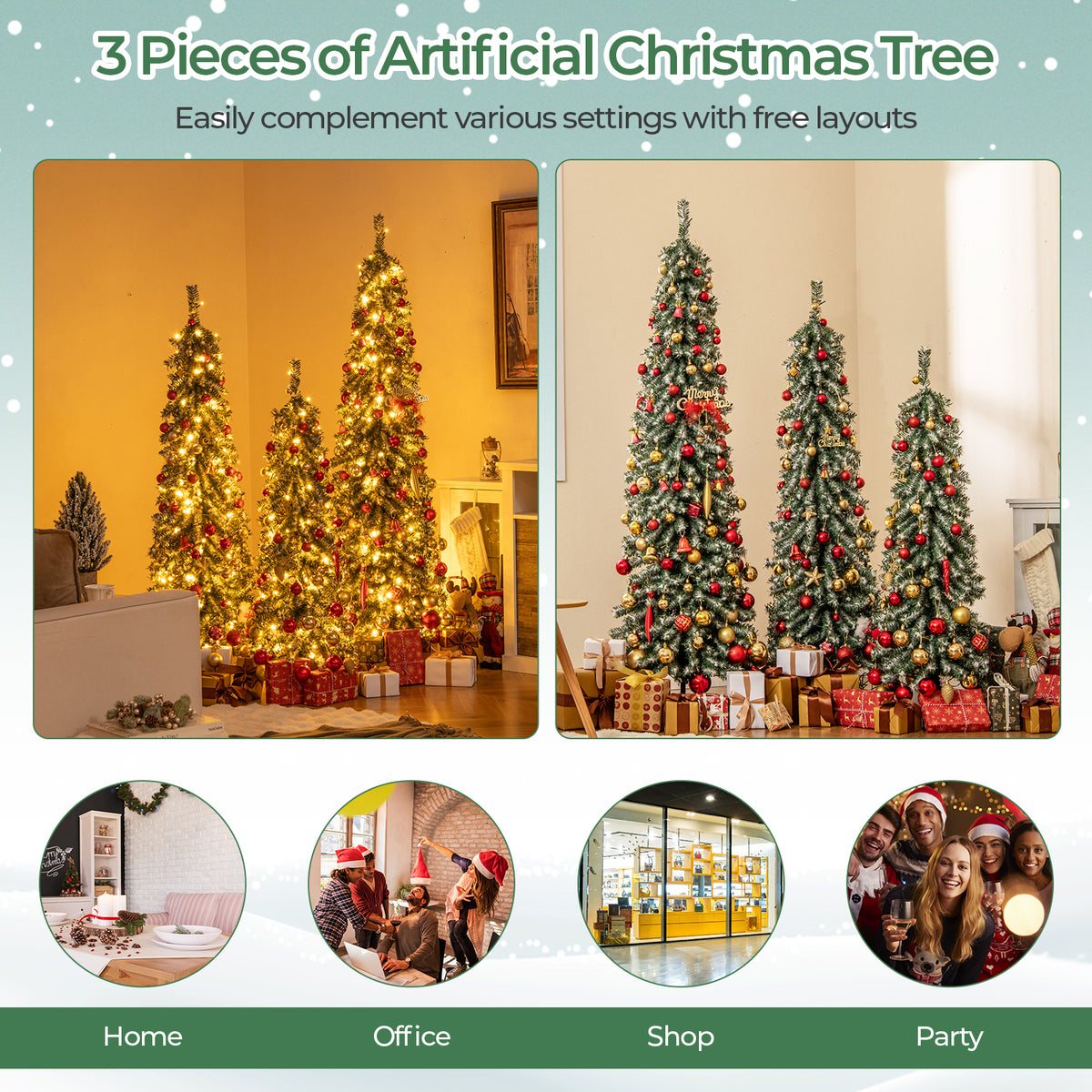Prelit 4/5/6 Feet Artificial Christmas Tree Set of 3 with Snow & Cotton Variation