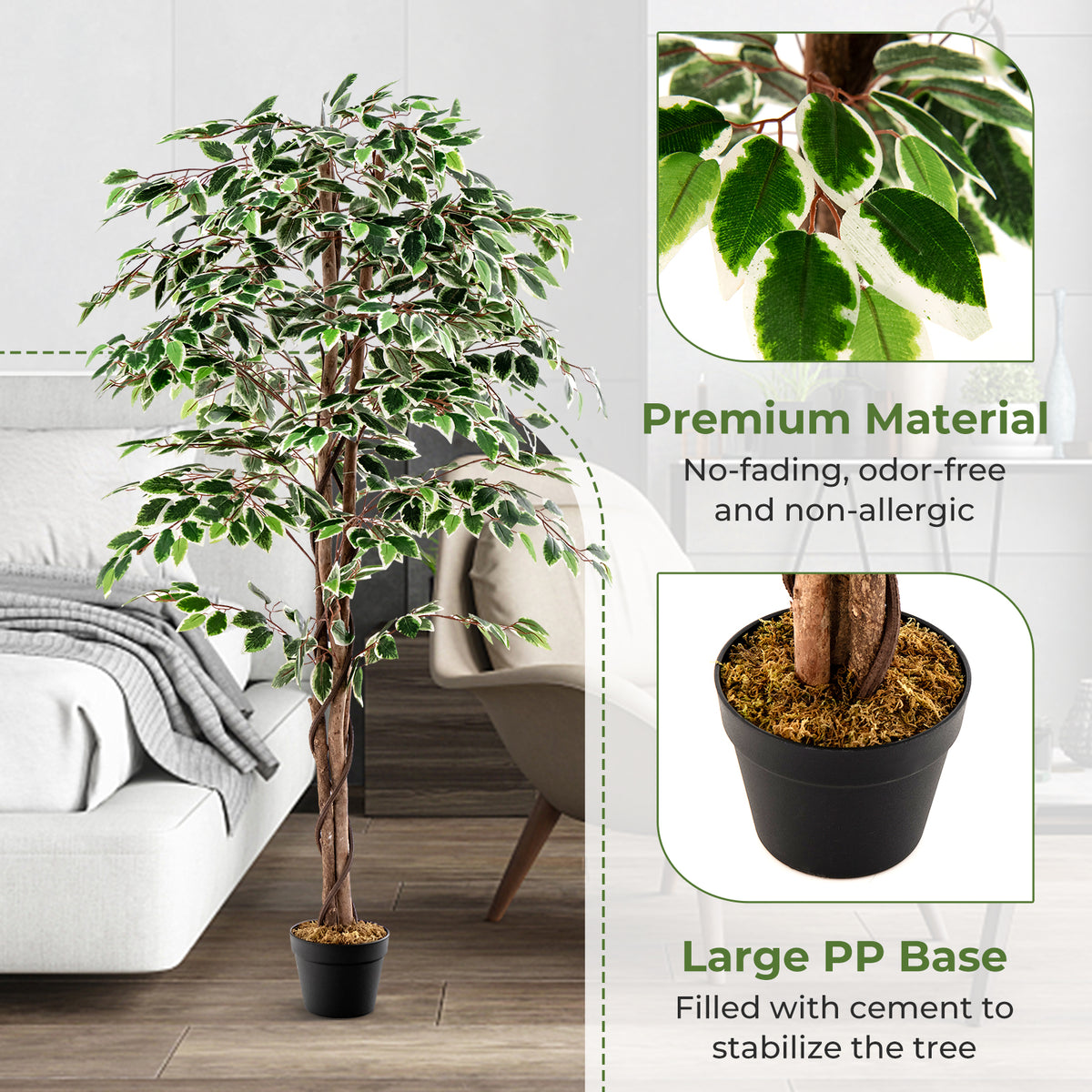 Tall Artificial Ficus Tree with 1008 Leaves Indoor Plant, Nursery Pot & Dried Moss