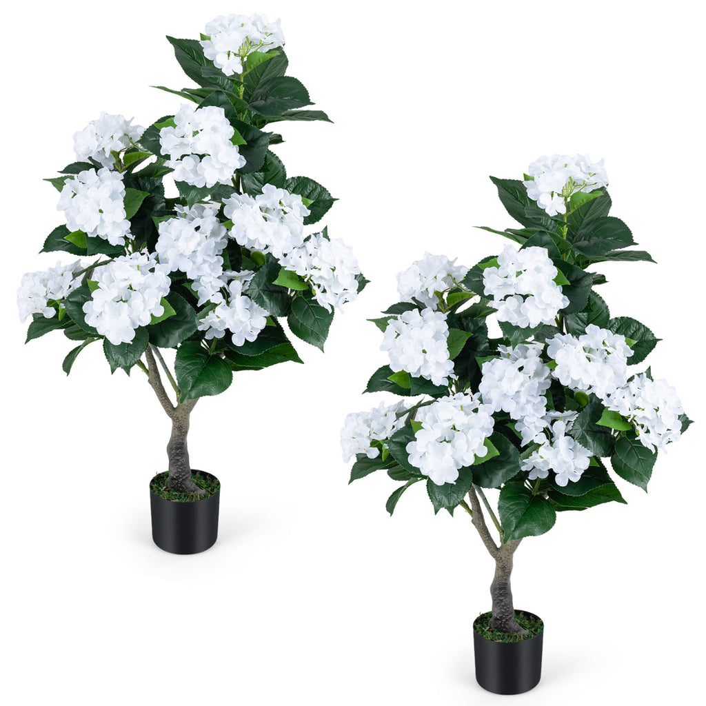 Artificial Hydrangea Tree with 11 White Silk Flowers - Faux Floral Plant - White