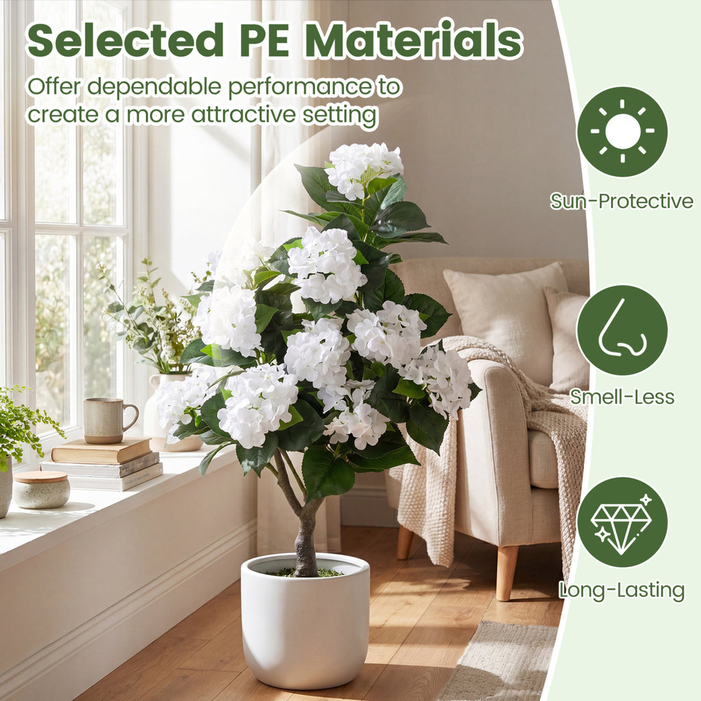 Artificial Hydrangea Tree with 11 White Silk Flowers - Faux Floral Plant - White