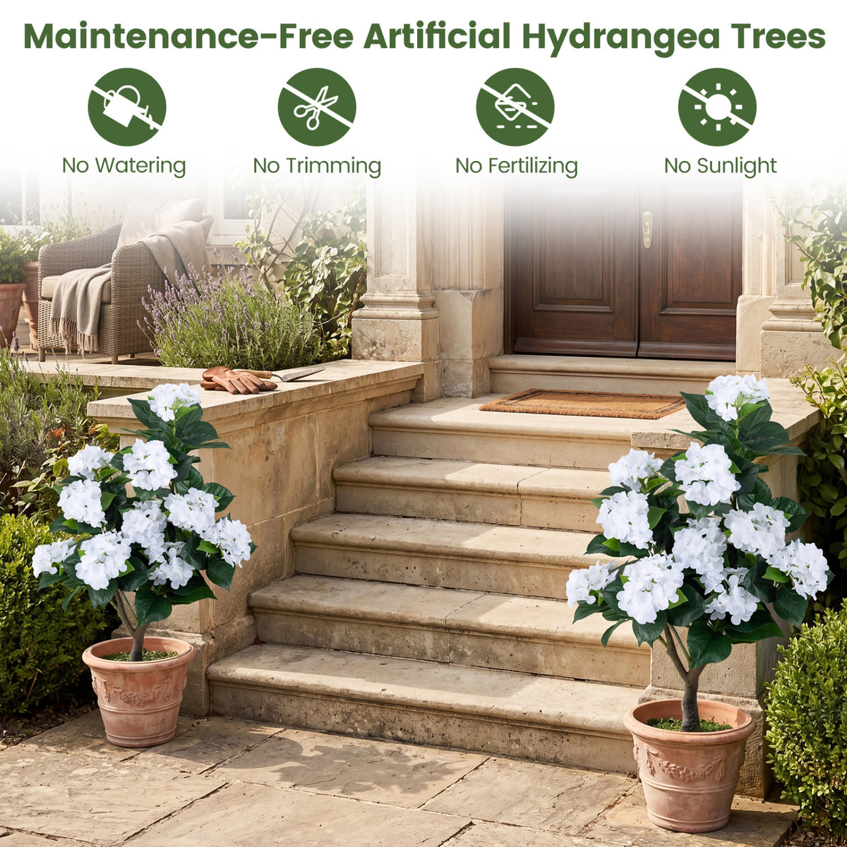 Artificial Hydrangea Tree with 11 White Silk Flowers - Faux Floral Plant - White