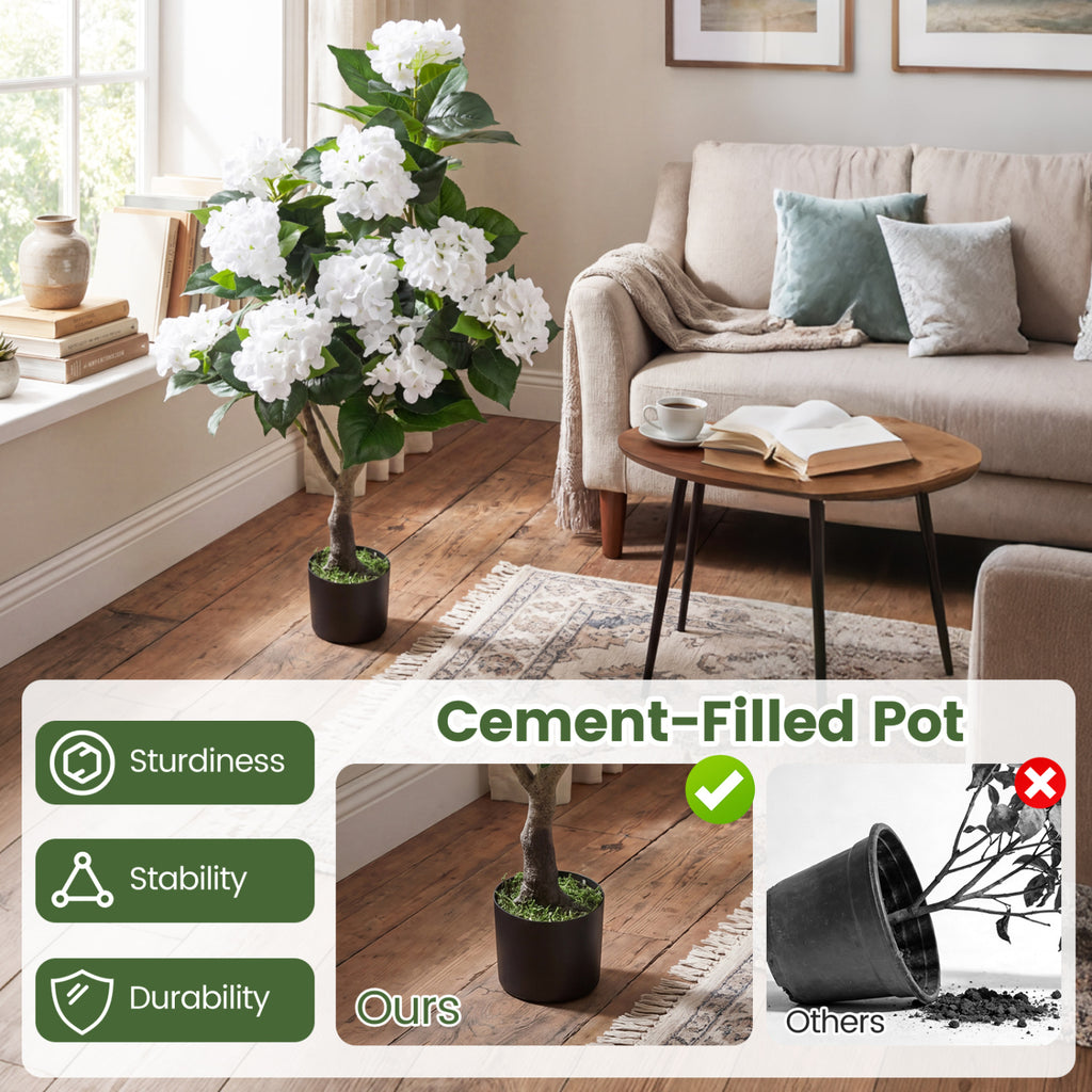 Artificial Hydrangea Tree with 11 White Silk Flowers - Faux Floral Plant - White