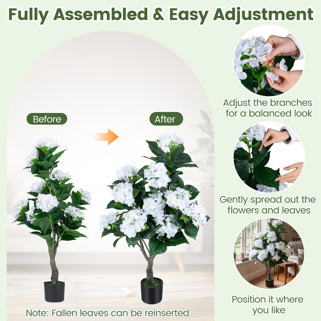 Artificial Hydrangea Tree with 11 White Silk Flowers - Faux Floral Plant - White