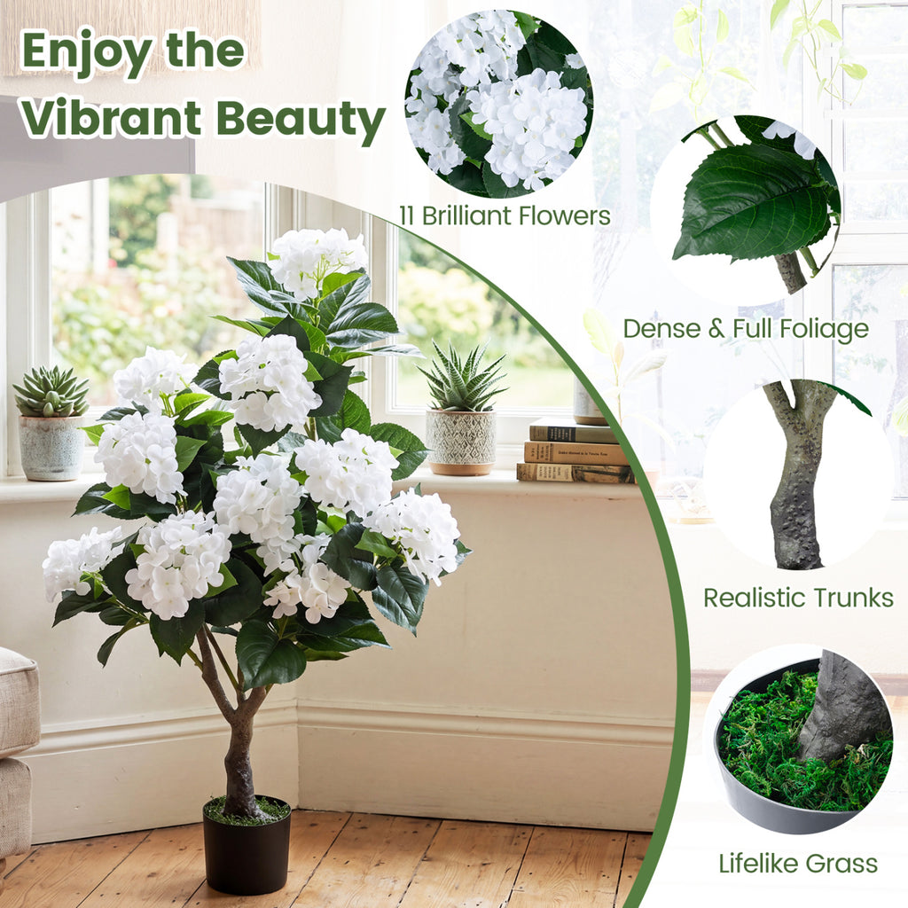 Artificial Hydrangea Tree with 11 White Silk Flowers - Faux Floral Plant - White