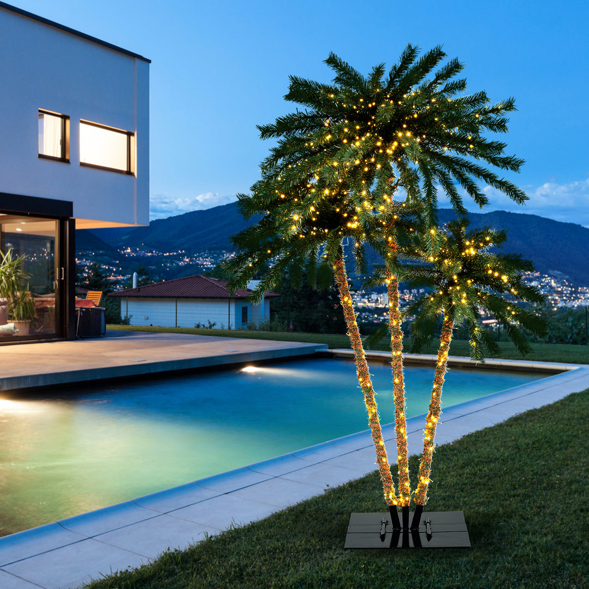 Artificial Lighted Palm Tree with Metal Base - 157 Branch Tips, 930 Warm White LEDs - Variation of This Listing