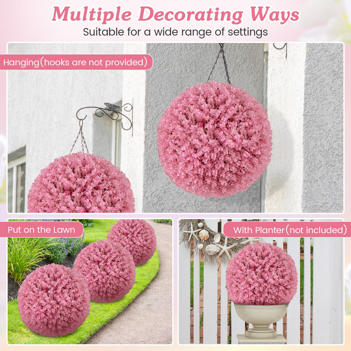 Pink Faux Eucalyptus Decorative Balls - 17.5 Inch 2-Pack with 7-Layer Leaves