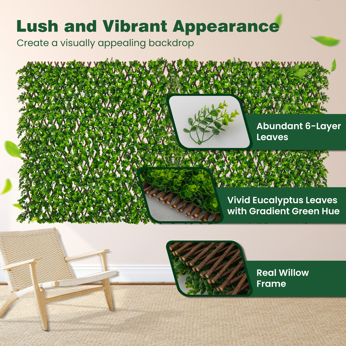 Green Eucalyptus Privacy Fence Screen with Sun-Protective Faux Hedge for Balcony & Patio