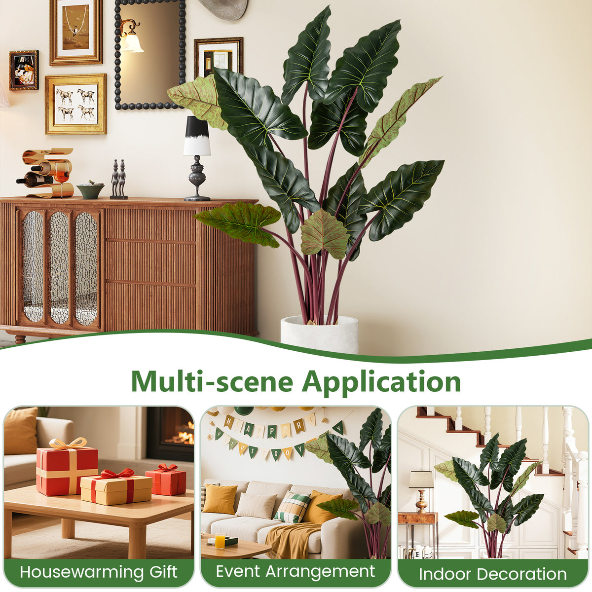 Artificial Rainbow Taro Tree 63 Inch Tall with 11 Faux Leaves - Realistic Indoor Decor - Set of 1