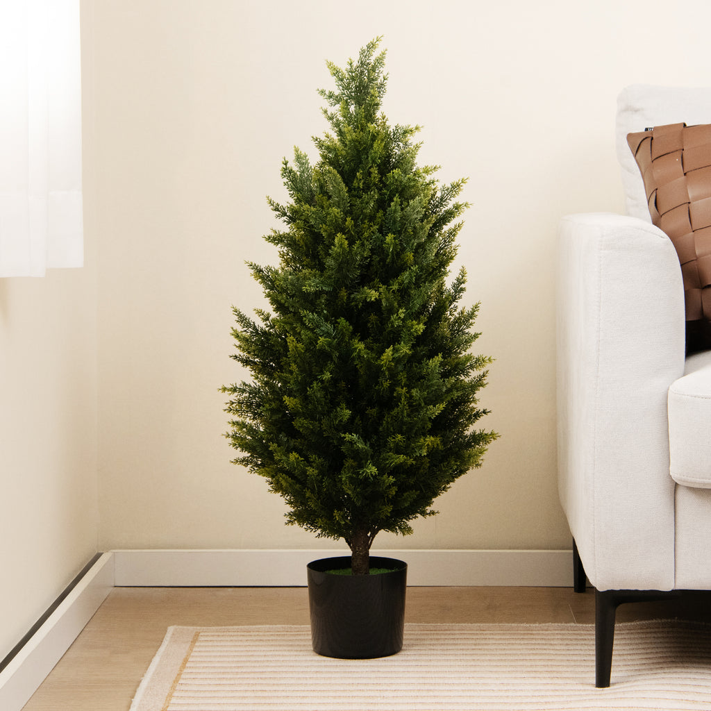 Artificial Topiary Cedar Tree - 3 Feet with Cement Pot & Realistic Moss - Green