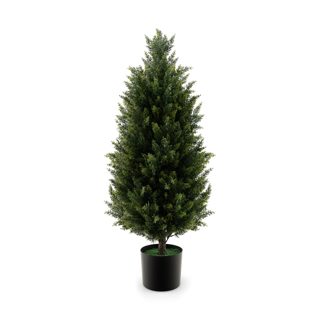 Artificial Topiary Cedar Tree - 3 Feet with Cement Pot & Realistic Moss - Green
