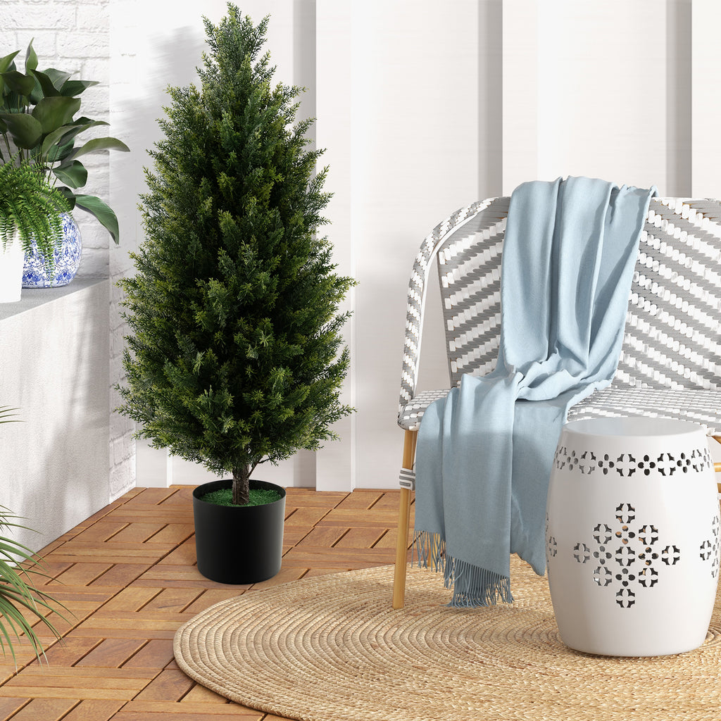 Artificial Topiary Cedar Tree - 3 Feet with Cement Pot & Realistic Moss - Green