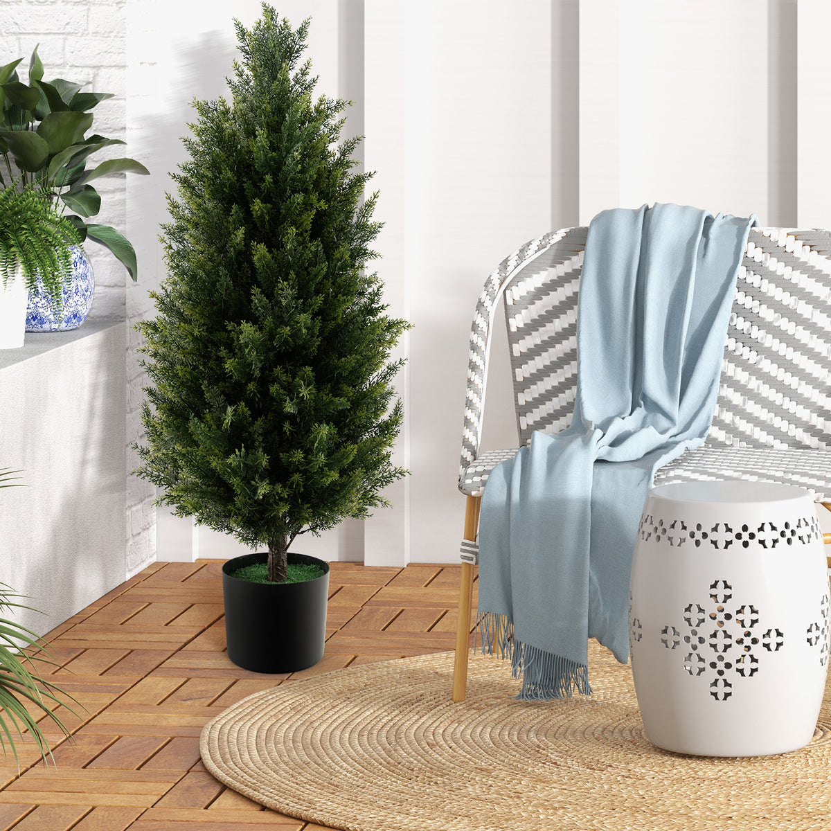 Artificial Topiary Cedar Tree - 3 Feet with Cement Pot & Realistic Moss - Green