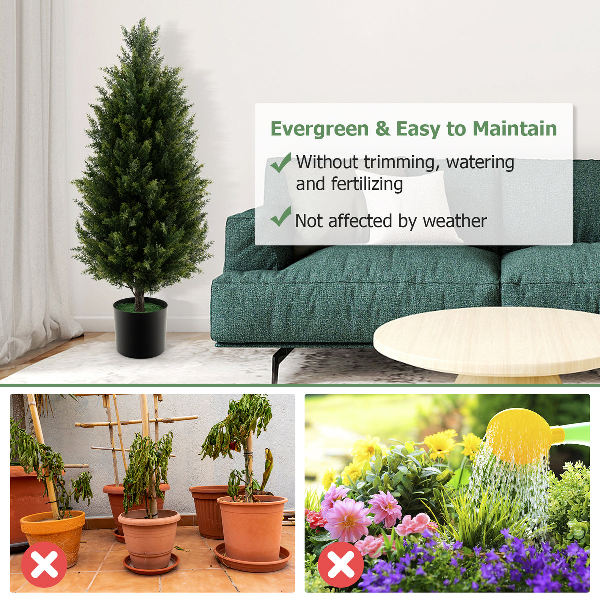 Artificial Topiary Cedar Tree - 3 Feet with Cement Pot & Realistic Moss - Green