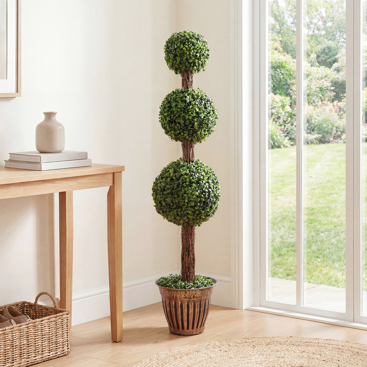 Artificial Triple Ball Boxwood Tree with Cement Planter - Green, 4 ft
