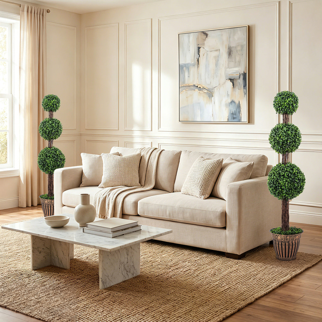 Artificial Triple Ball Boxwood Tree Set of 2 with Cement Planter - Green