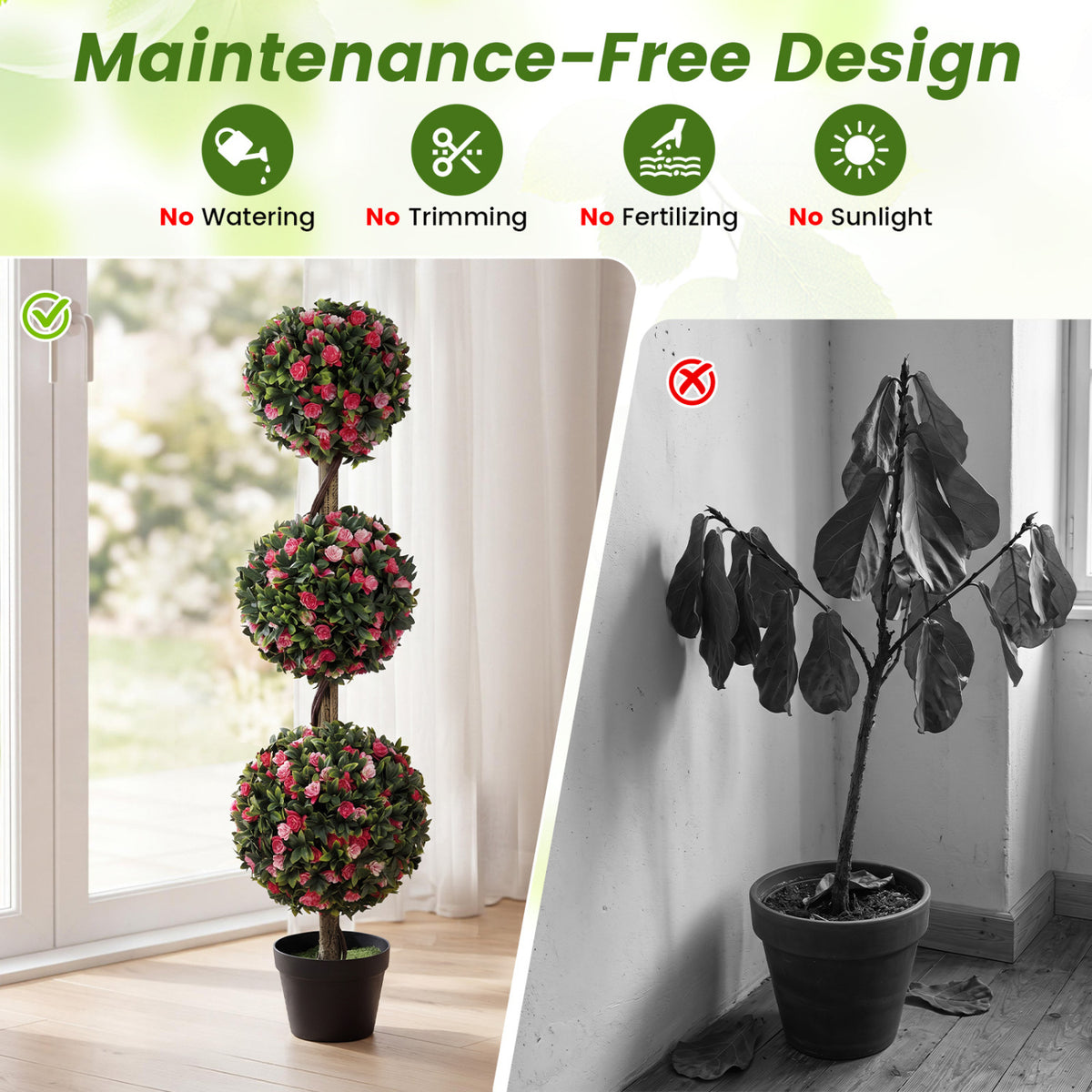 Artificial 43.5-Inch Triple Ball Rose Topiary Tree with Lifelike Blooms - 1 Piece