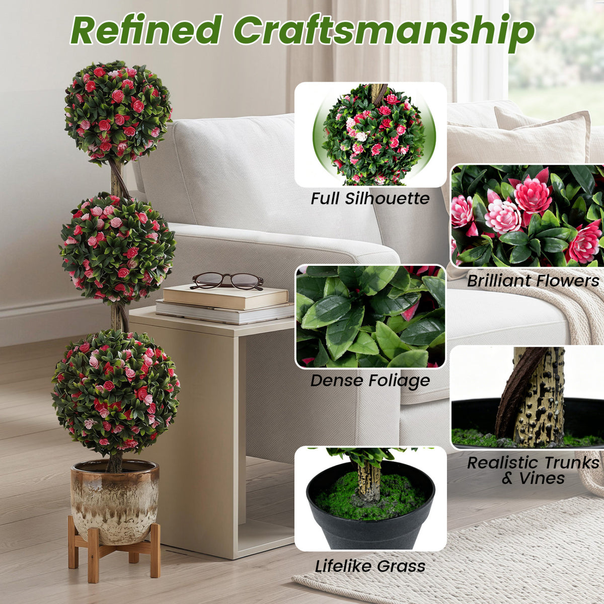 Artificial 43.5-Inch Triple Ball Rose Topiary Tree with Lifelike Blooms - 1 Piece