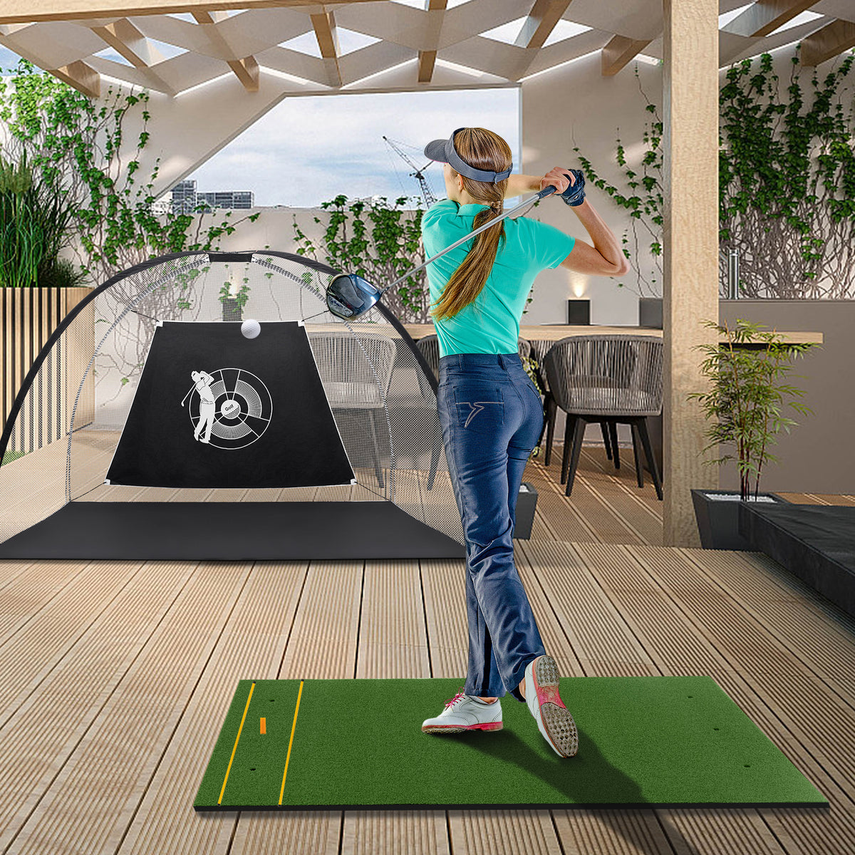 3 x 5 Feet Golf Practice Mat with Tee Holders & Alignment Sticks - Indoor Outdoor Training