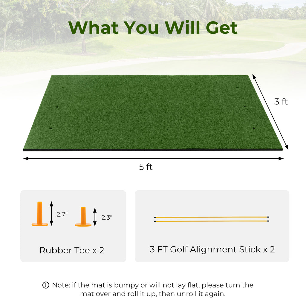 3 x 5 Feet Golf Practice Mat with Tee Holders & Alignment Sticks - Indoor Outdoor Training