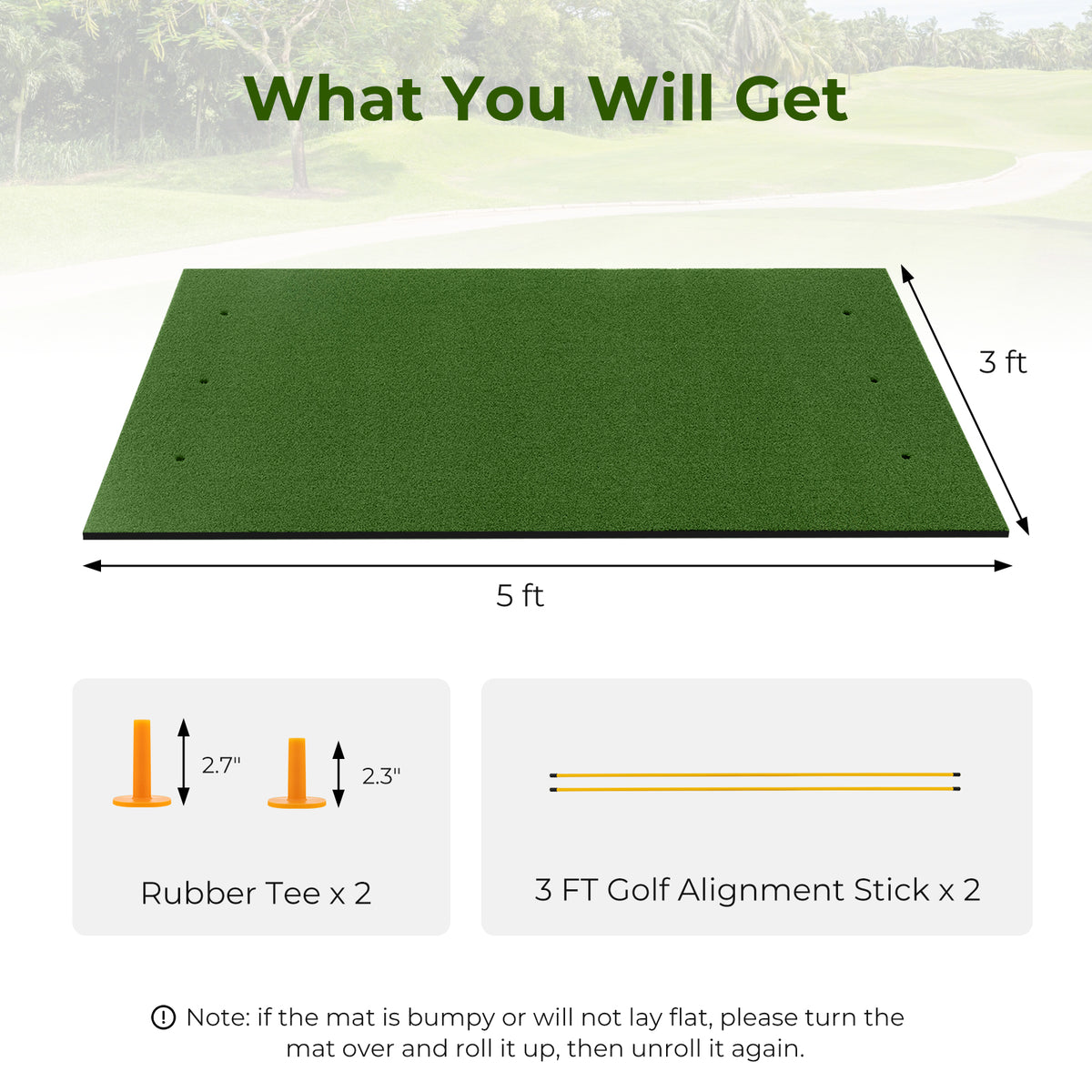 3 x 5 Feet Golf Practice Mat with Tee Holders & Alignment Sticks - Indoor Outdoor Training