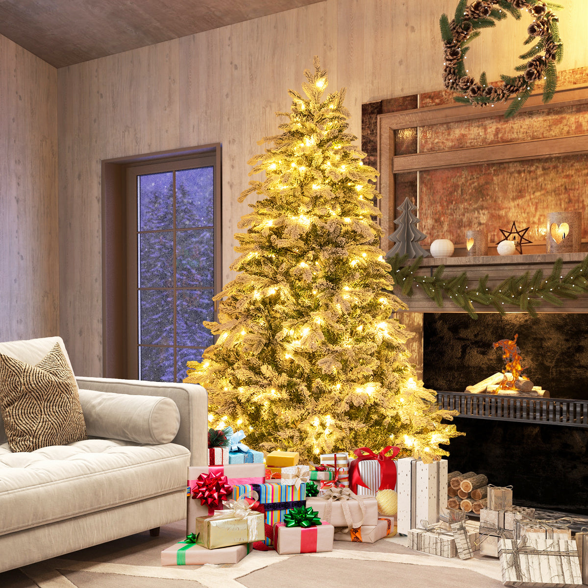 6 Ft Flocked Christmas Tree with Warm White LED Lights - Realistic Branch Tips