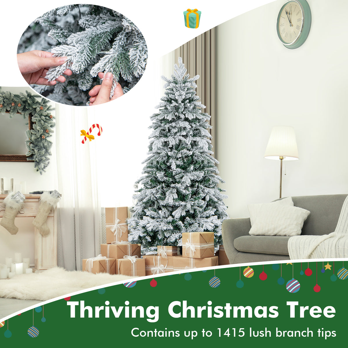 6 Ft Flocked Christmas Tree with Warm White LED Lights - Realistic Branch Tips