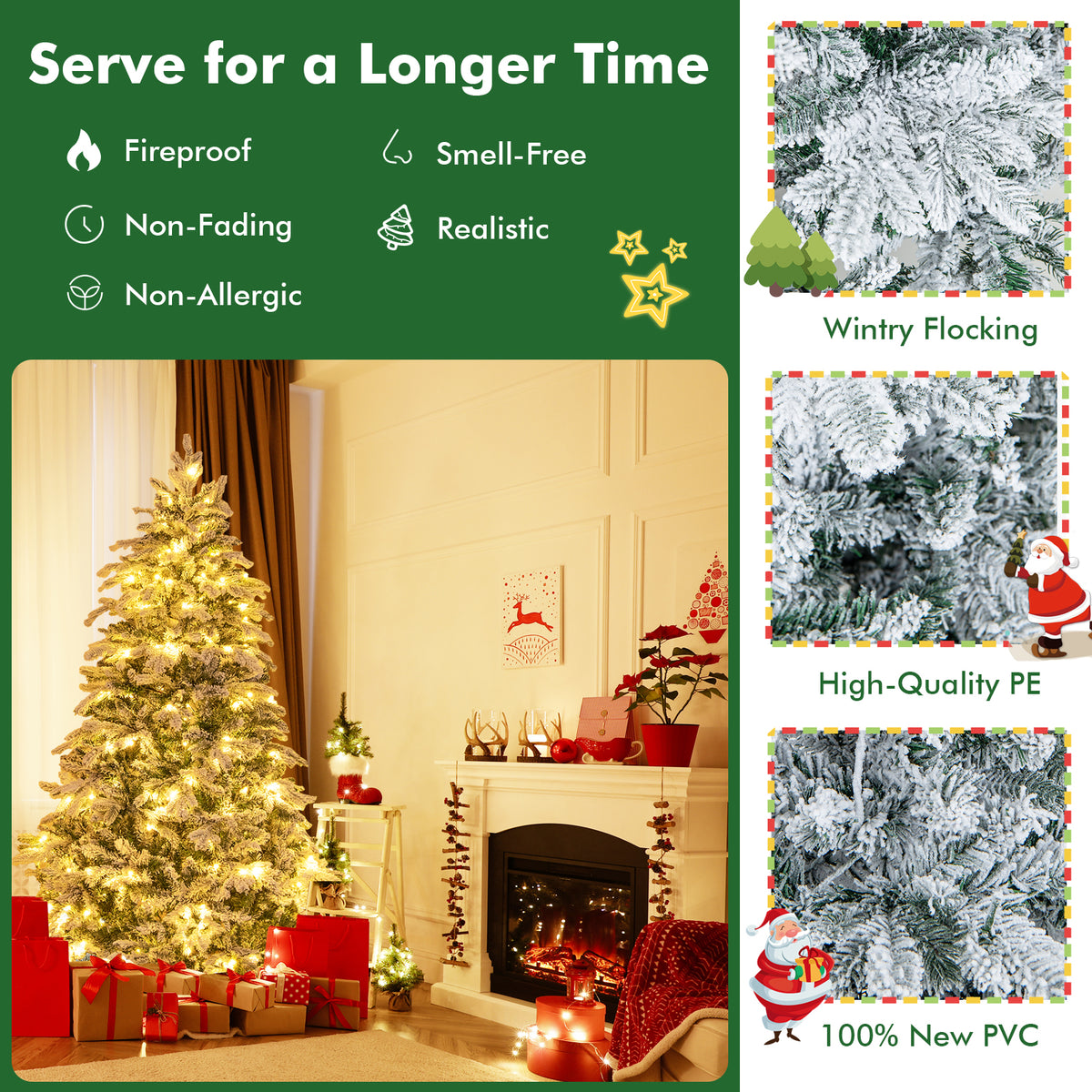 6 Ft Flocked Christmas Tree with Warm White LED Lights - Realistic Branch Tips